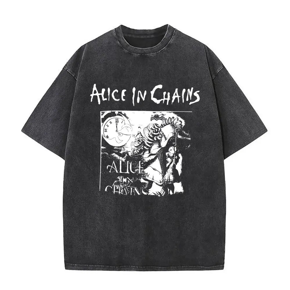 Cheap T-shirt Jerseys Washed Vintage Rock Band Alice in Chains Album Cover Graphic Print T-shirt Men's Women Gothic Punk Oversized Crewneck T Shirts