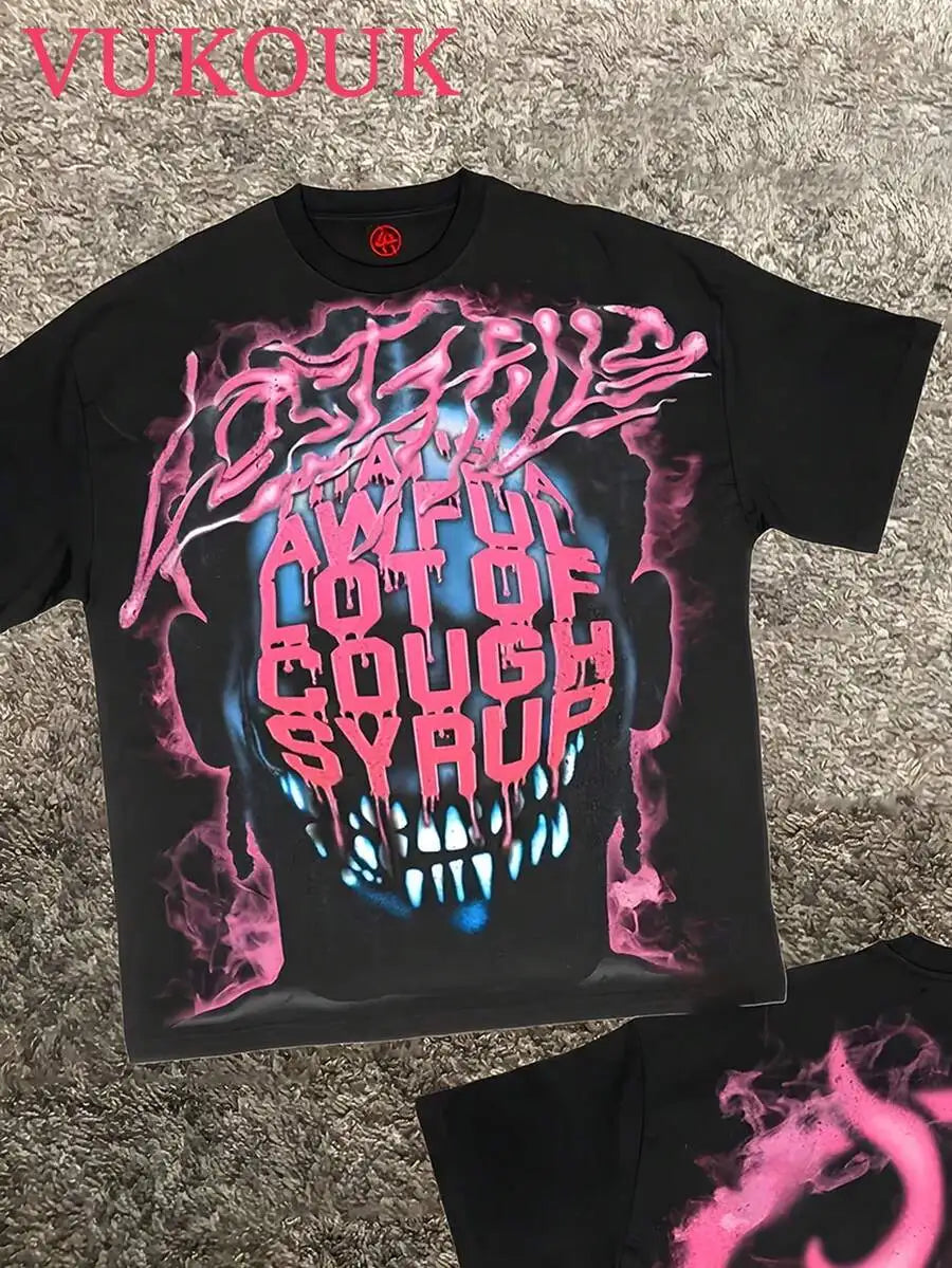 Cheap T-shirt Jerseys 'An Awful Lot Of Cough Syrup' Skull Graphic T-Shirt, Cotton Crew Neck Short Sleeve Tee