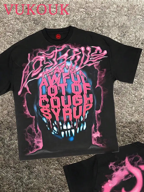 Cheap T-shirt Jerseys 'An Awful Lot Of Cough Syrup' Skull Graphic T-Shirt, Cotton Crew Neck Short Sleeve Tee