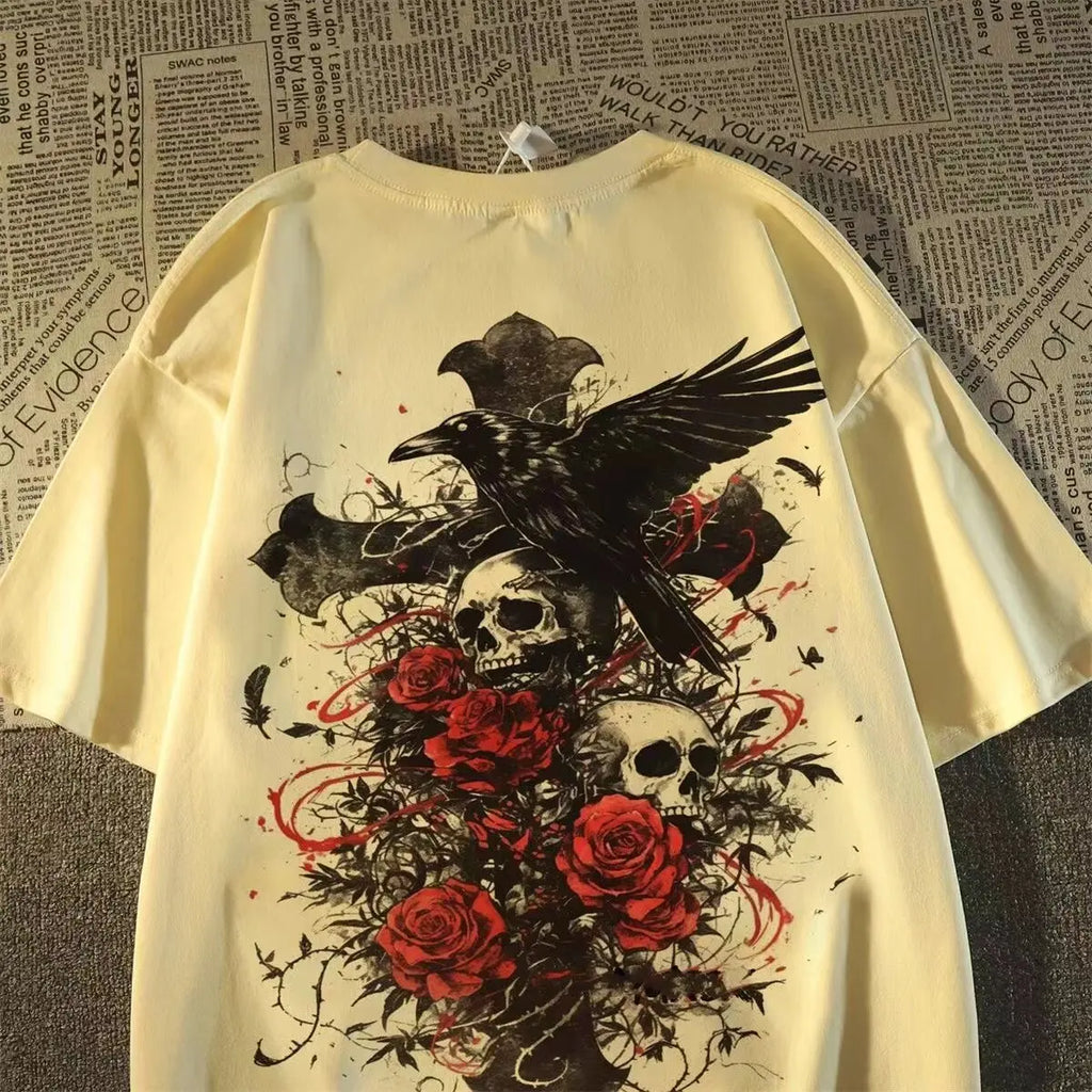 Cheap T-shirt Jerseys American Style Fashion Brand oversize Diablo Style Retro Subculture Skull Cross Short-sleeved T-shirt Men's Summer