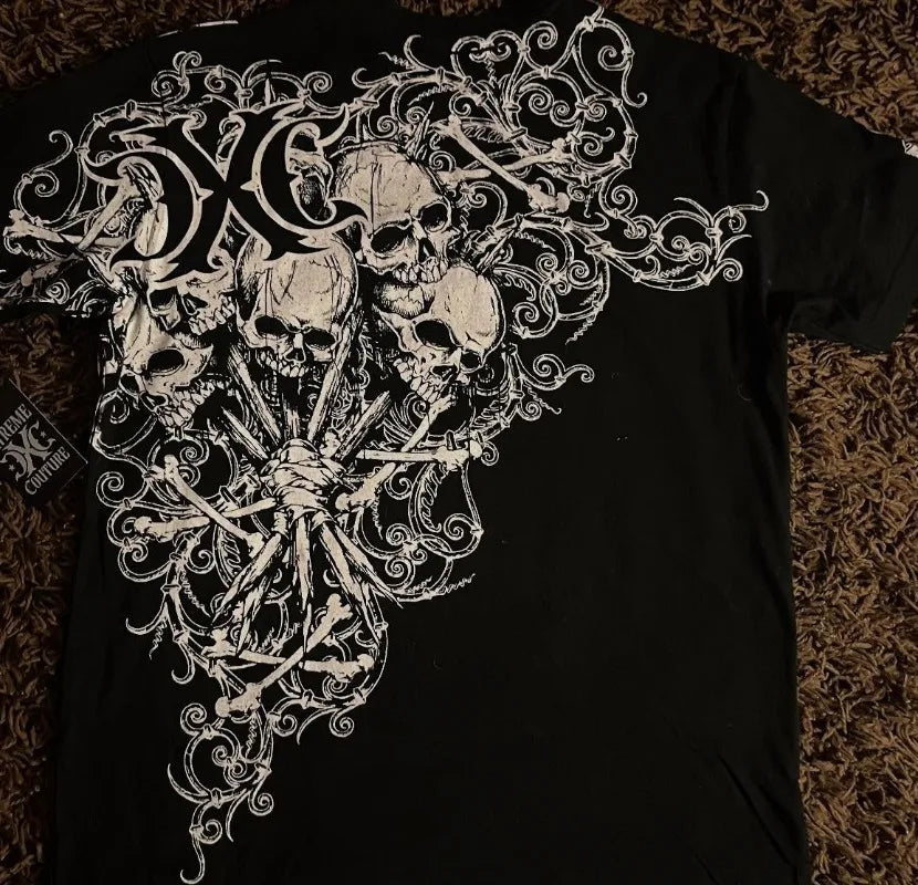 Cheap T-shirt Jerseys Xtreme Couture Short Sleeves Man Y2K Full Sleeve Skull Printing Retro Darkly Style T Shirts Fashion Pure Cotton Tops