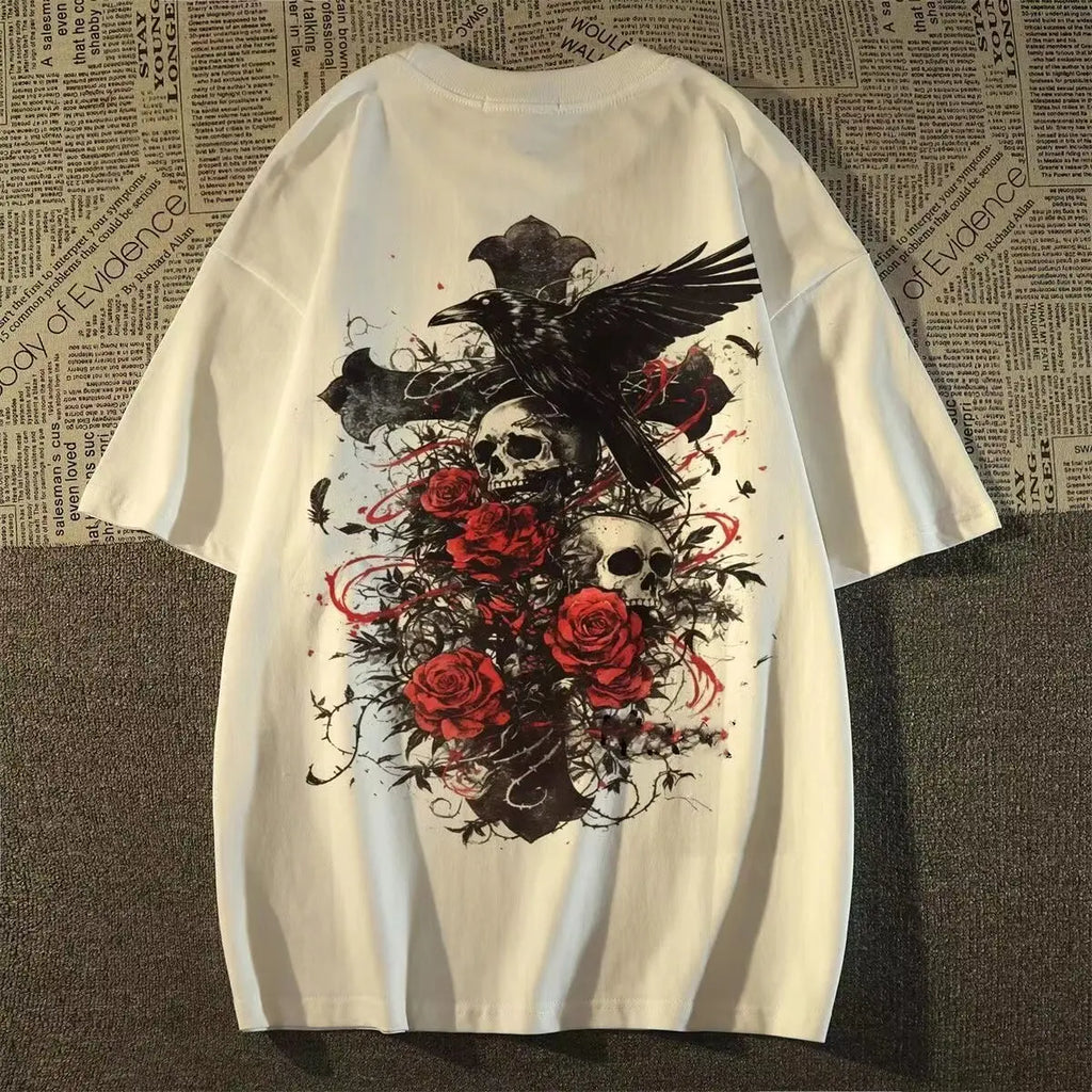 Cheap T-shirt Jerseys American Style Fashion Brand oversize Diablo Style Retro Subculture Skull Cross Short-sleeved T-shirt Men's Summer