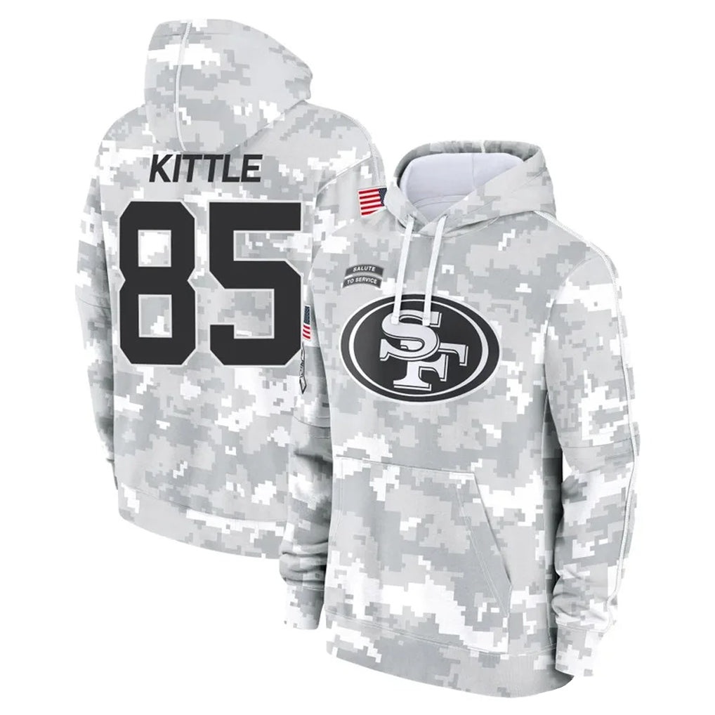 tocy SF.49ers #85 George Kittle Player Arctic Camo Salute to Service Hoodies Stitched Jerseys
