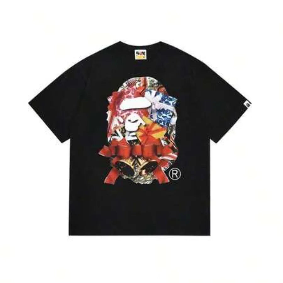 Cheap T-shirt Jerseys BAPE Christmas Ape Head Gift Box Graphic T-Shirt, Black Cotton Crew Neck Holiday Streetwear Tee