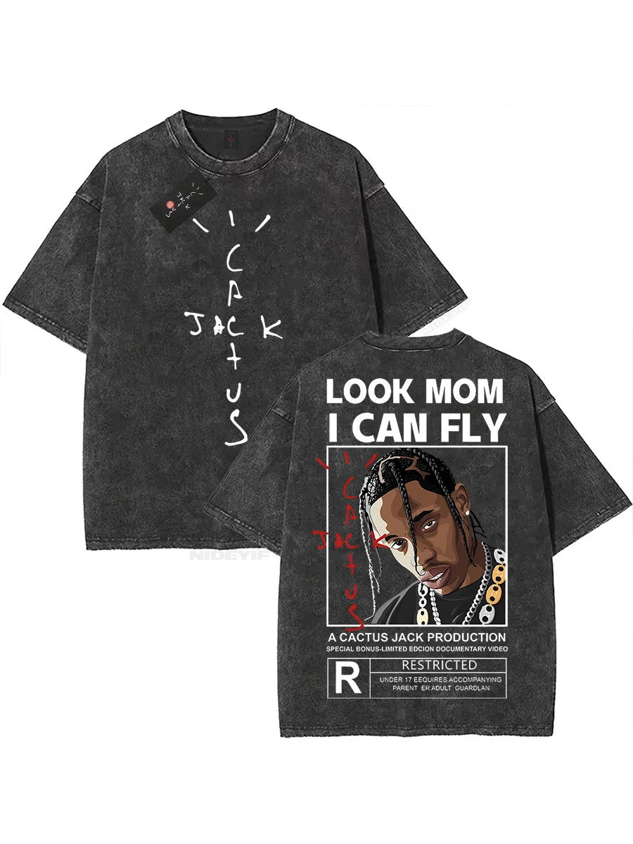 Cheap T-shirt Jerseys 100% Cotton Oversized T Shirt For Men Women HipHop Washed T Shirts cactus jack Short Sleeve Gift Tops look mom i can fly K39