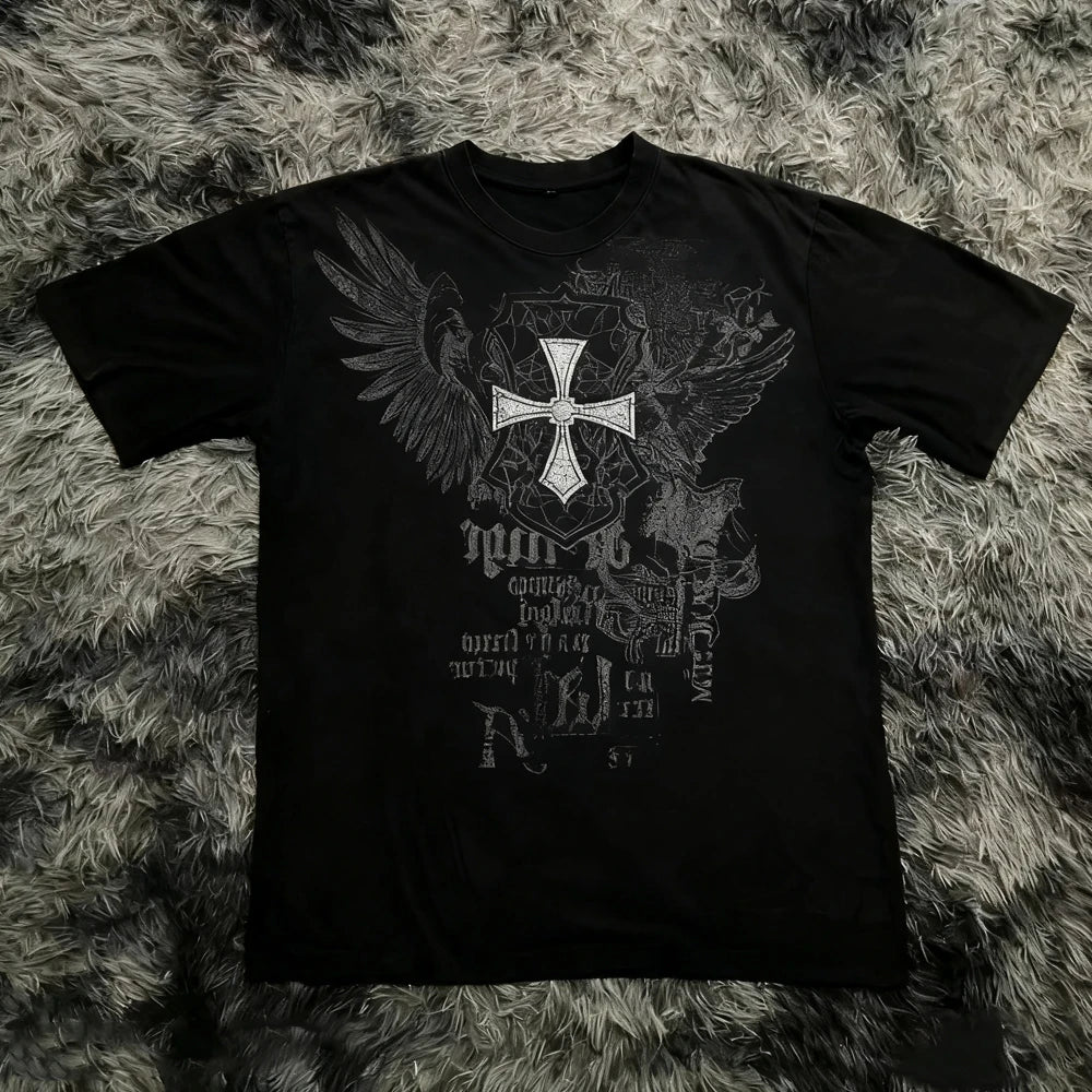 Cheap T-shirt Jerseys Retro Classic Gothic Style T-shirt Print Oversized Shirt High Street Shirts Gothic Round Neck Cotton Tops New Mens Women T Shirt