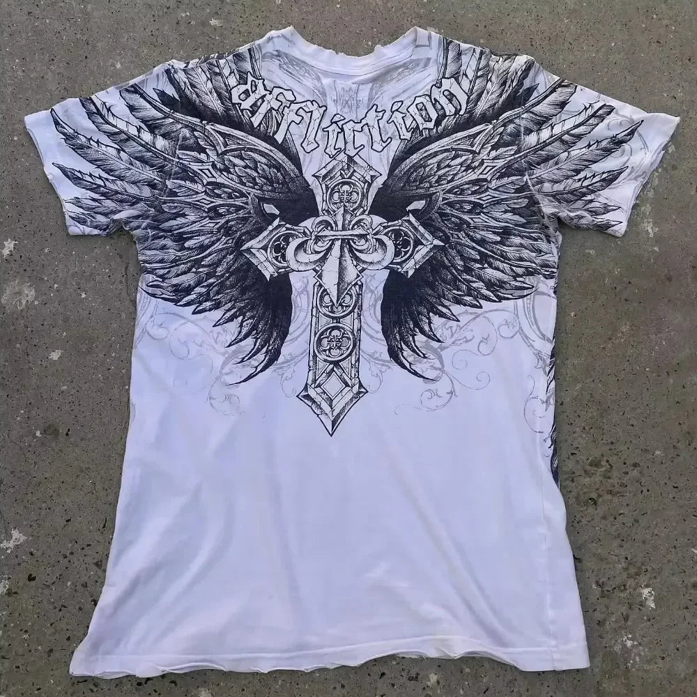 Cheap T-shirt Jerseys Y2K Affliction Graphic T Shirt Mens Large Grunge Wings New Fashion Style Couple Tops Pure Cotton Short Sleeves