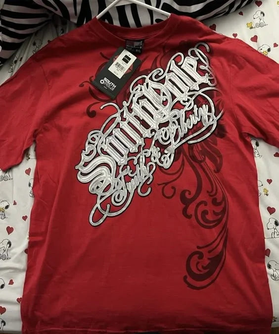 Cheap T-shirt Jerseys Red Southpole Graffiti T-Shirt Mens Urban Streetwear Art Bold Vintage Distressed Style Tops Hip-Hop American Women Casual Wear