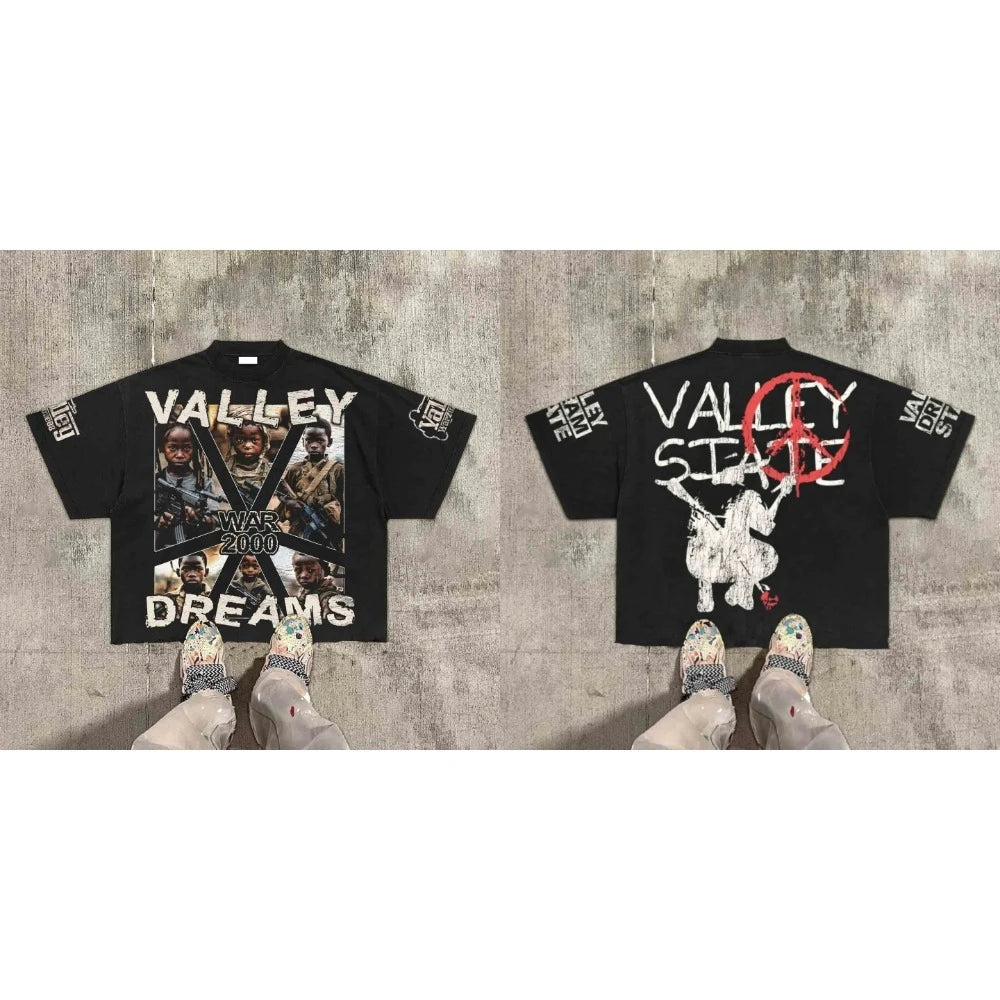 Cheap T-shirt Jerseys American Hip Hop Retro Theater Valley Division Harajuku Gothic War Print Summer New Retro Fashion Men and Women Streetwear