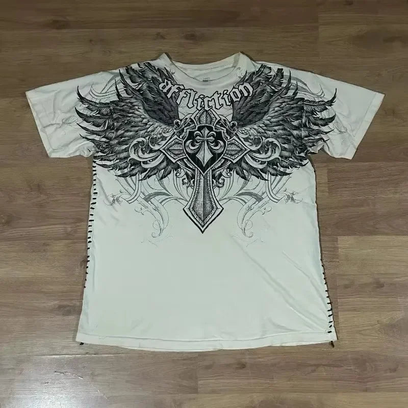 Cheap T-shirt Jerseys Y2K Affliction Graphic T Shirt Mens Large Grunge Wings New Fashion Style Couple Tops Pure Cotton Short Sleeves