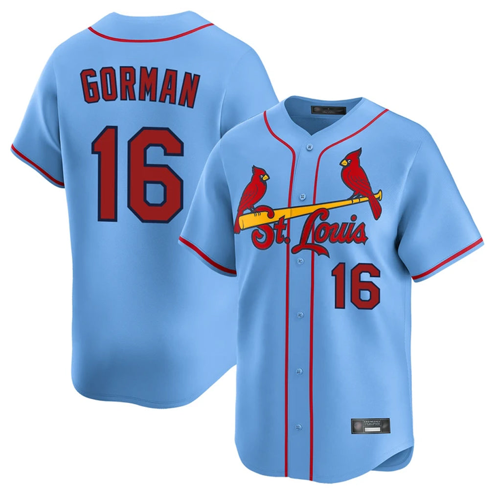 tocy St. Louis Cardinals #16 Nolan Gorman Player Light Blue Home Limited Stitched Jerseys