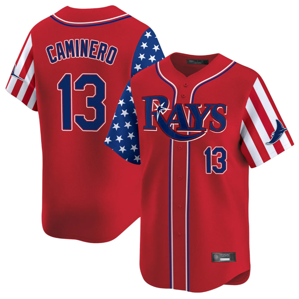 tocy T.Bay Rays #13 Junior Caminero Player Red 2025 Independence Day Vapor Premier Limited Stitched Jerseys