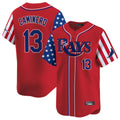 tocy T.Bay Rays #13 Junior Caminero Player Red 2025 Independence Day Vapor Premier Limited Stitched Jerseys