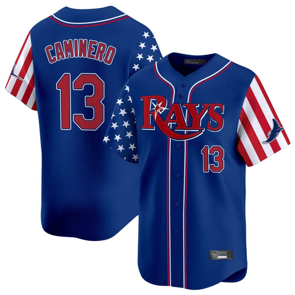tocy T.Bay Rays #13 Junior Caminero Player Royal 2025 Independence Day Vapor Premier Limited Stitched Jerseys