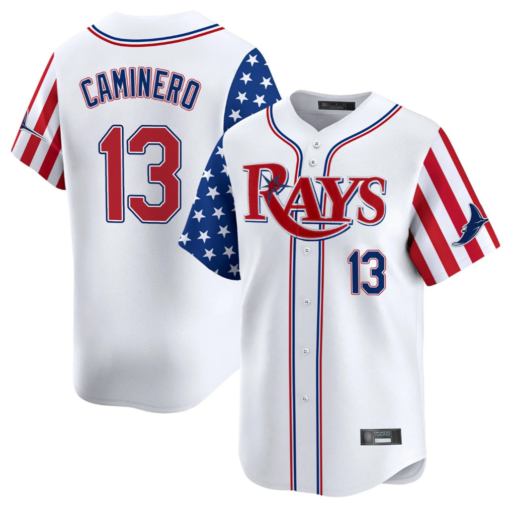 tocy T.Bay Rays #13 Junior Caminero Player White 2025 Independence Day Vapor Premier Limited Stitched Jerseys