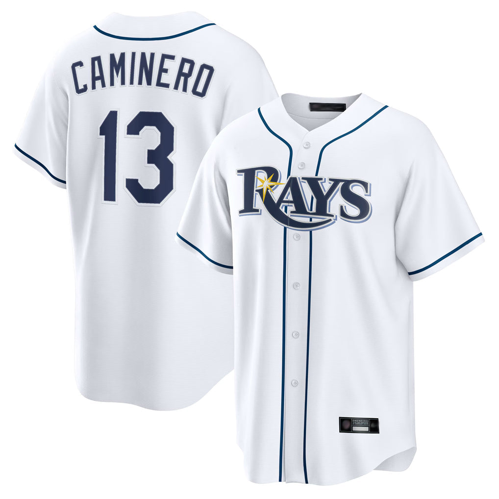 tocy T.Bay Rays #13 Junior Caminero Player White Home Game Stitched Jerseys