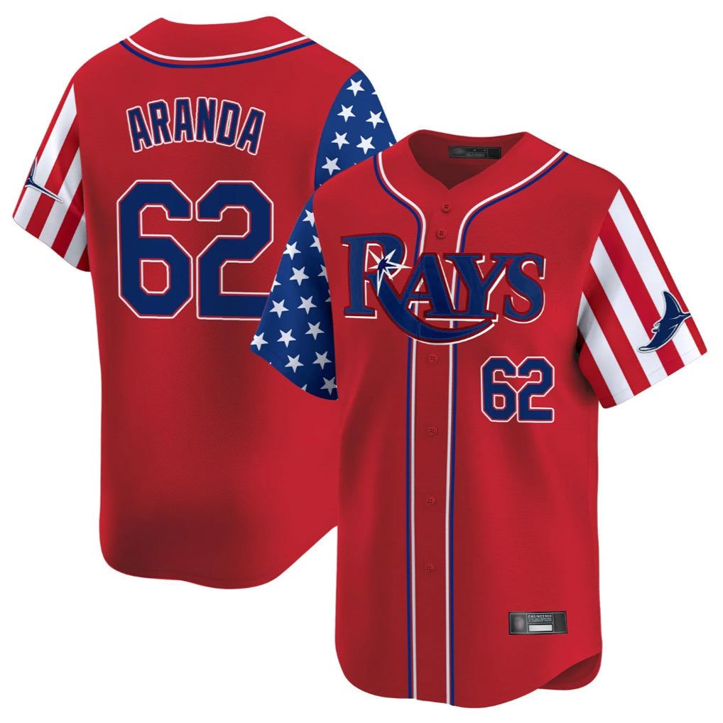 tocy T.Bay Rays #62 Jonathan Aranda Player Red 2025 Independence Day Vapor Premier Limited Stitched Jerseys