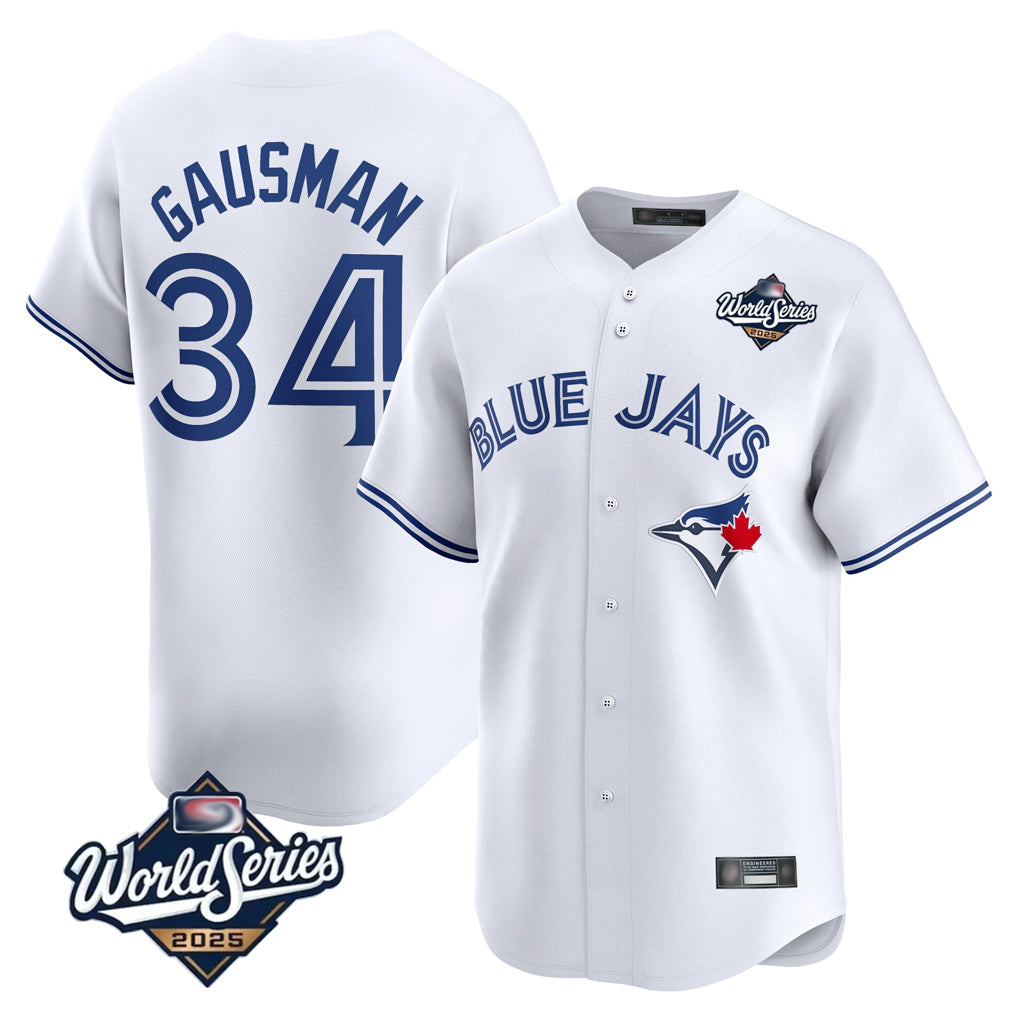 tocy T.Blue Jays #34 Kevin Gausman Player White 2025 World Series Home Limited Stitched Jerseys