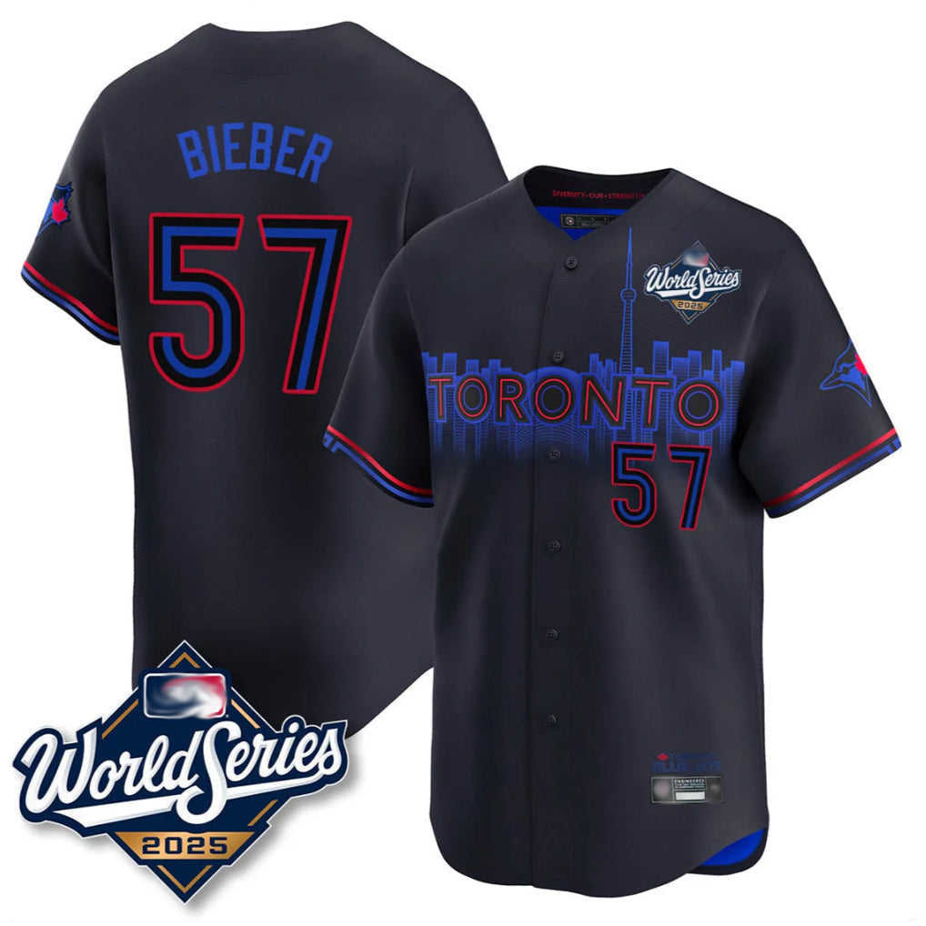 tocy T.Blue Jays #57 Shane Bieber Player Black 2025 World Series City Connect All Stitched Jerseys