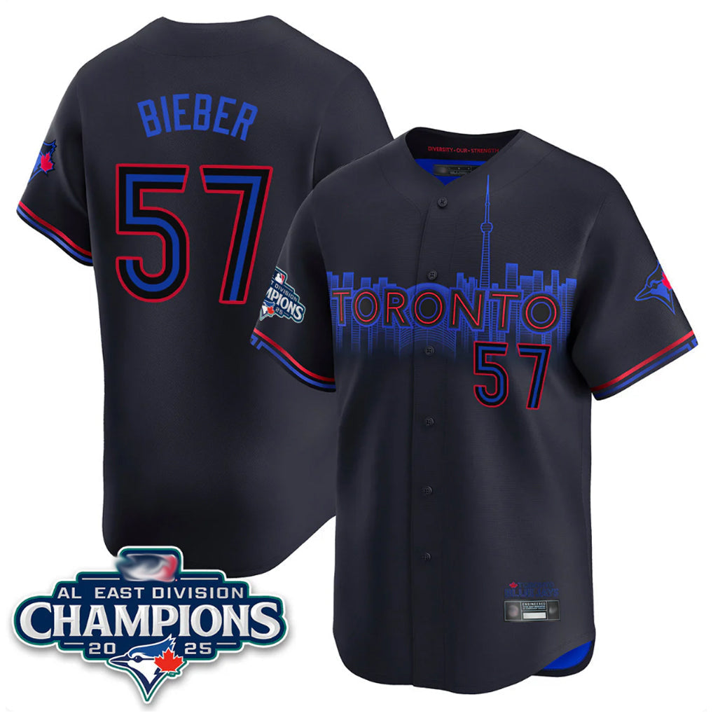 tocy T.Blue Jays #57 Shane Bieber Player Black AL East Division City Connect Stitched Jerseys