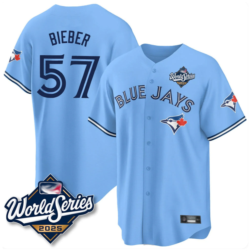 tocy T.Blue Jays #57 Shane Bieber Player Blue 2025 World Series All Stitched Jerseys