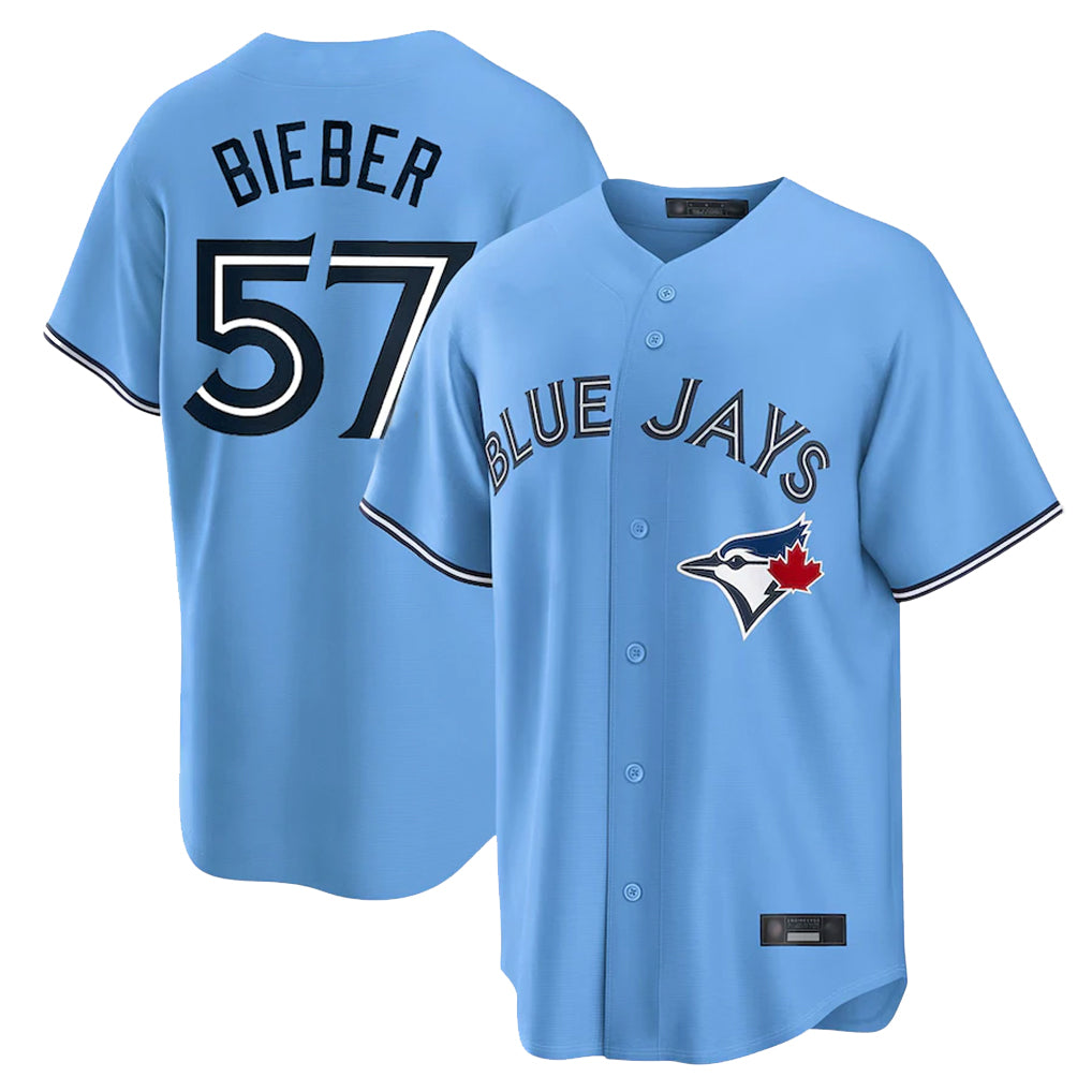 tocy T.Blue Jays #57 Shane Bieber Player Blue Home Stitched Jerseys