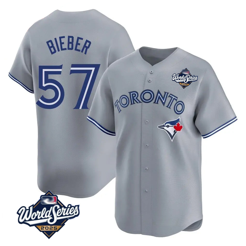 tocy T.Blue Jays #57 Shane Bieber Player Gray 2025 World Series All Stitched Jerseys