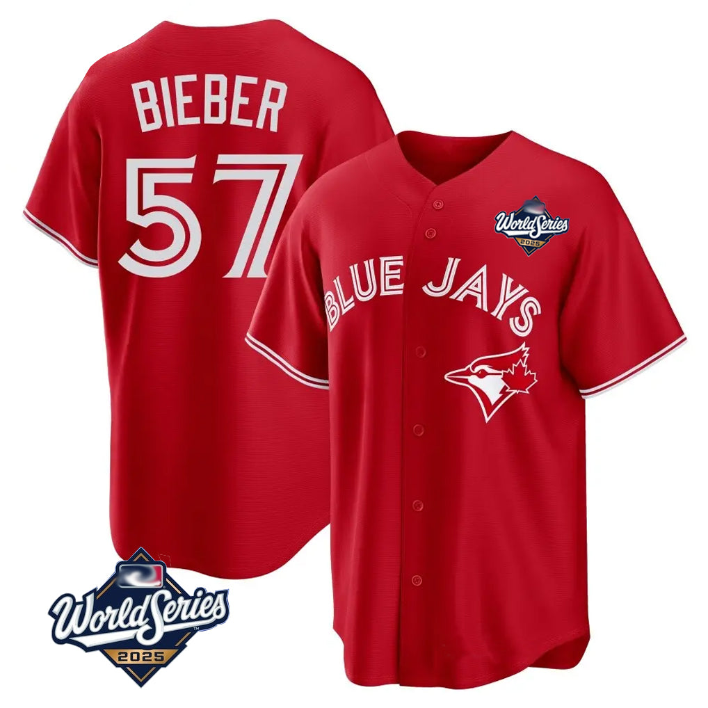 tocy T.Blue Jays #57 Shane Bieber Player Red 2025 World Series All Stitched Jerseys