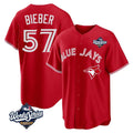 tocy T.Blue Jays #57 Shane Bieber Player Red 2025 World Series All Stitched Jerseys