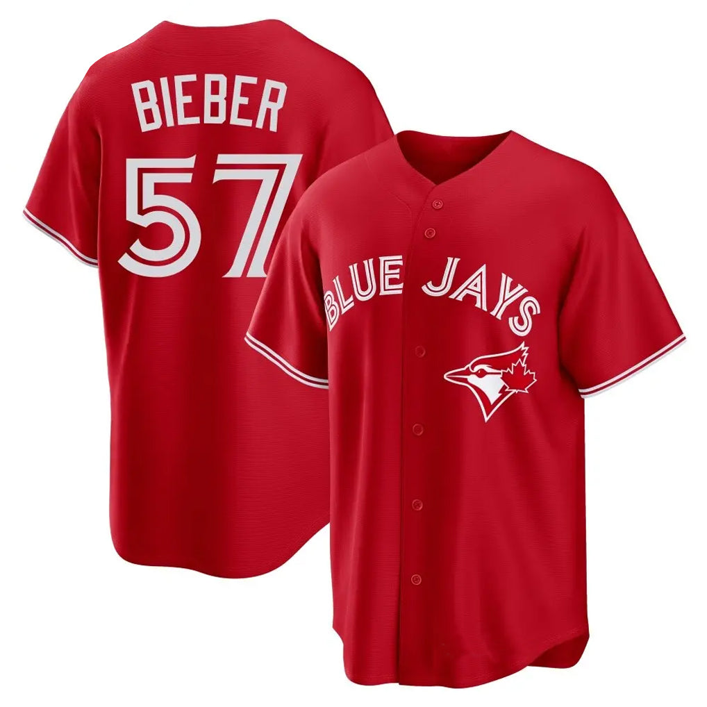 tocy T.Blue Jays #57 Shane Bieber Player Red Home Stitched Jerseys