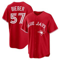 tocy T.Blue Jays #57 Shane Bieber Player Red Home Stitched Jerseys