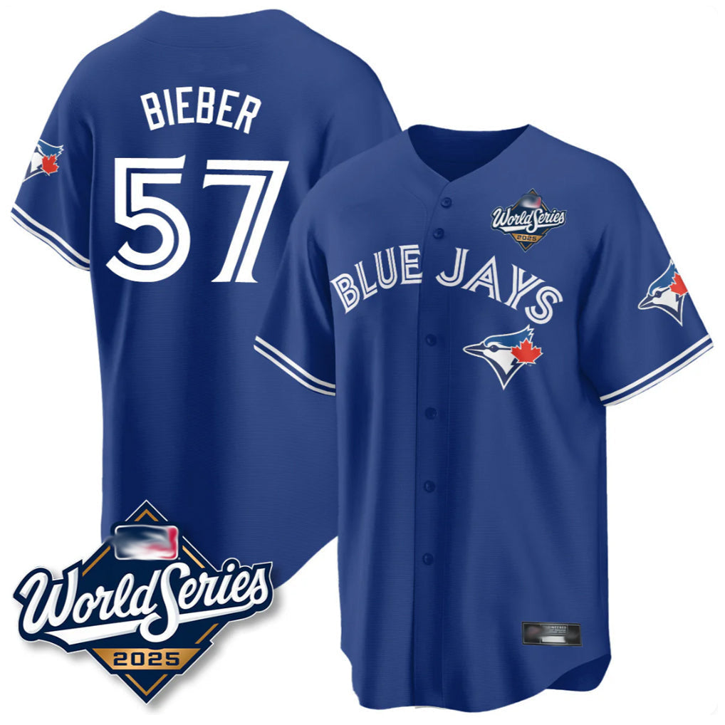 tocy T.Blue Jays #57 Shane Bieber Player Royal 2025 World Series All Stitched Jerseys