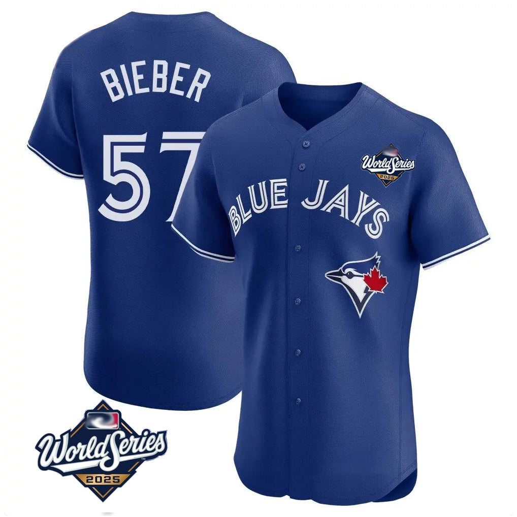 tocy T.Blue Jays #57 Shane Bieber Player Royal 2025 World Series Elite All Stitched Jerseys