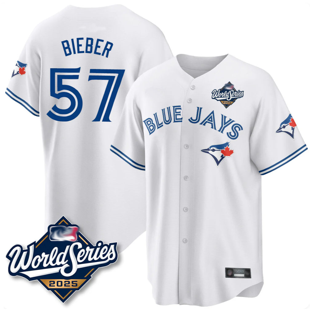 tocy T.Blue Jays #57 Shane Bieber Player White 2025 World Series All Stitched Jerseys