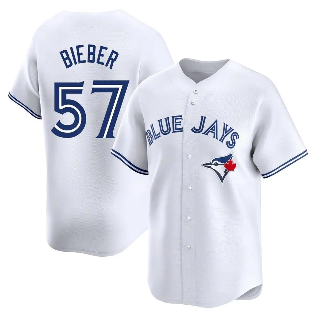 tocy T.Blue Jays #57 Shane Bieber Player White Limited Home Stitched Jerseys