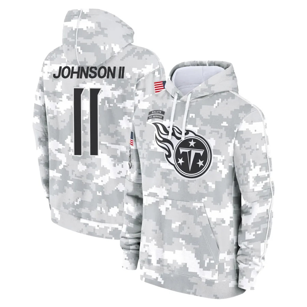 Tocy T.Titans #11 Jermaine Johnson II Player Camo Arctic Salute to Service Pullover Hoodies Home Game Stitched Jerseys
