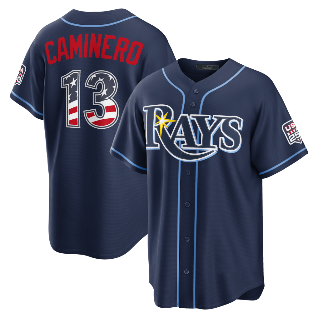 tocy TB.Rays #13 Junior Caminero Navy USA 250 Fourth of July Road Stadium Jersey