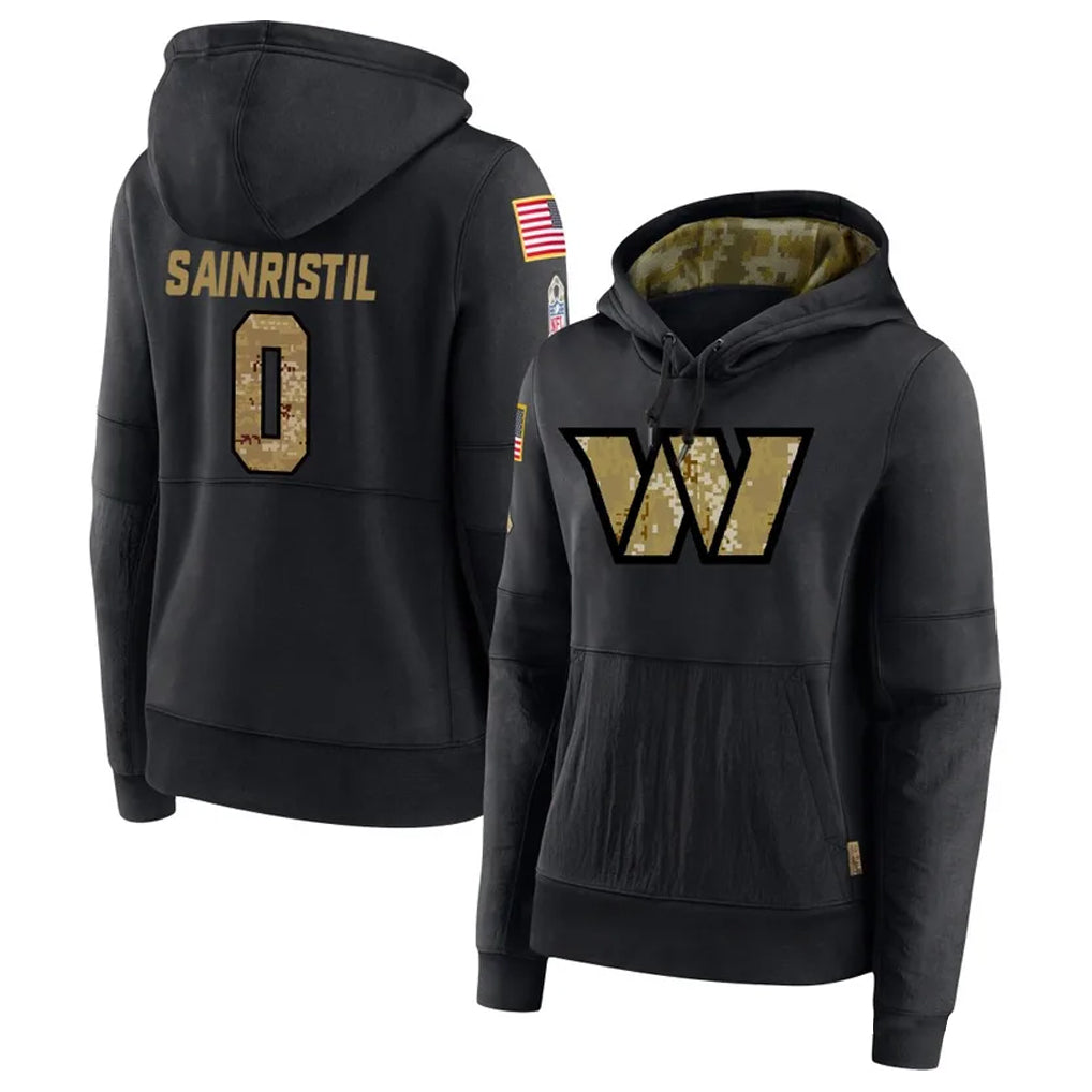 tocy W.Commanders #0 Mike Sainristil Player Black Salute to Service Hoodies Stitched Jerseys